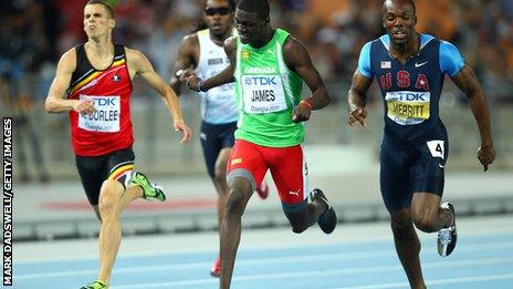 Kirani James (centre) of Grenada crosses the finish line ahead of LaShawn Merritt (R) of United States and Kevin Borlee of Belgium (L) in the men"s 400m final at the IAAF World Athletics Championships in 2011