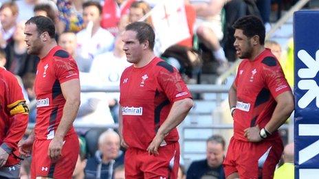 Dejected Wales players Jamie Roberts, Gethin Jenkins and Taulupe Faletau