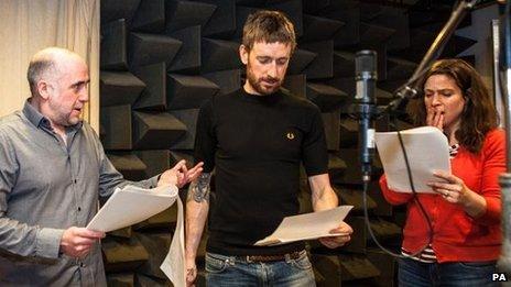 (l-r) Stephen Kennedy, Sir Bradley Wiggins and Joanna van Kampen - recording The Archers