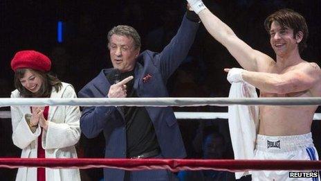 Sylvester Stallone (c) with the musical's stars Andy Karl and Margo Seibert