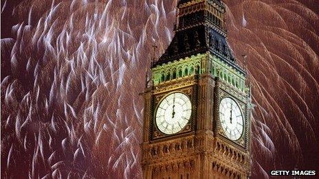 Fireworks by Big Ben to celebrate New Year's eve 1999