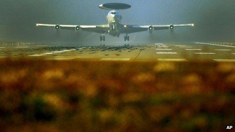 A Nato AWACS plane takes off the NATO Airbase in Geilenkirchen, Germany,