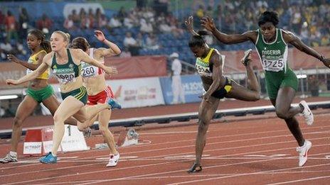 Natasha Mayers (C) won the 100m after Sally Pearson (L) was disqualified for a false start and Osayemi Oludamola (R) was suspended for a positive drugs test.