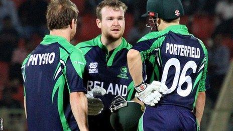 Ireland physio Andrew Dunne comes on to treat Paul Stirling