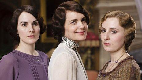 Michelle Dockery as Lady Mary, Elizabeth McGovern as Lady Cora and Laura Carmichael as Lady Edith