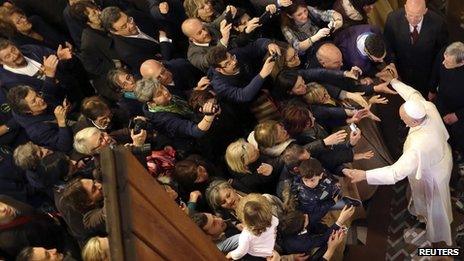 Pope Francis after leading an audience with the family members of victims of the mafia at the San Gregorio VII church in Rome (21 March 2014)