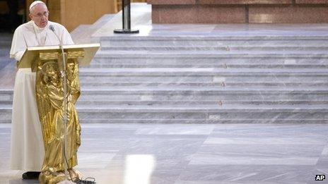 Pope Francis delivers his speech during a meeting with relatives of innocent mafia victims