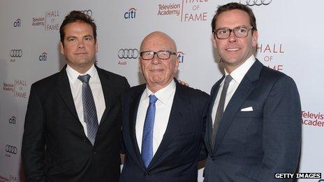 Rupert Murdoch with his two sons James and Lachlan