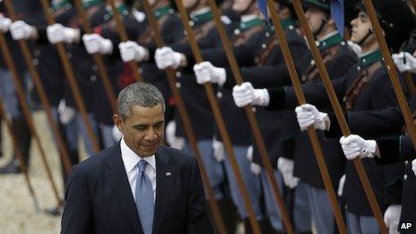 President Barack Obama reviews the honour guard in Rome, Italy, on 27 March 2014