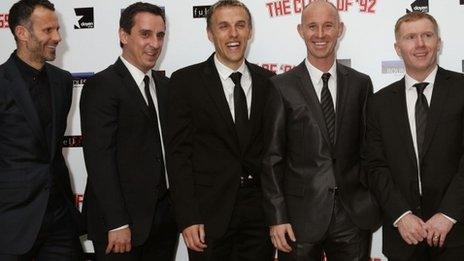 (l-r) Ryan Giggs, Gary Neville, Phil Neville, Nicky Butt and Paul Scholes