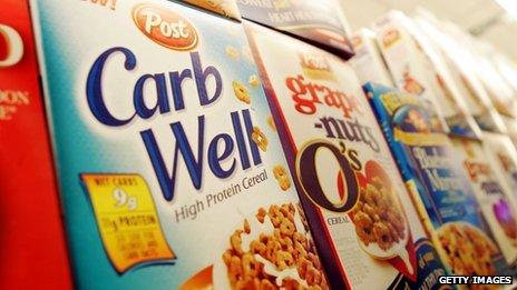 Cereal boxes on a supermarket shelf