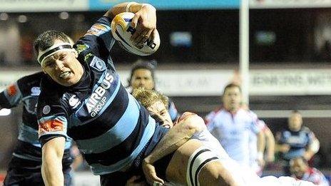 Robin Copeland beats Andrew Trimble's tackle to score