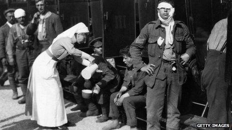 A nurse treating soldiers in France