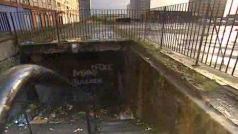 Graffiti and litter around the Red Road flats