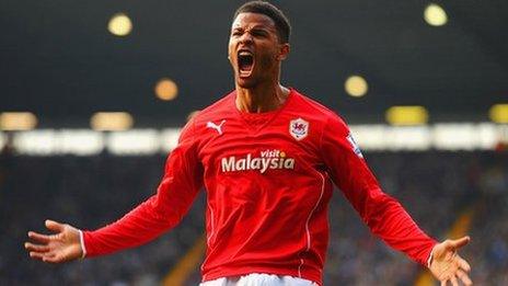 Frasier Campbell celebrates Cardiff's injury time equaliser at West Brom