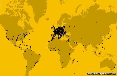 World map covered in black dots