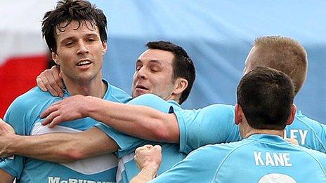 Ballymena's Alan Davidson is congratulated after scoring in the Irish Cup semi-final