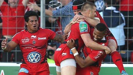 Delon Armitage, David Smith and Matt Giteau congratulate Drew Mitchell after he scored Toulon's second try in the win over Leinster