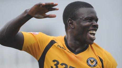 Ismail Yakubu celebrates scoring for Newport County