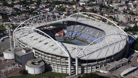 An aerial shot shows the Olympic Stadium, which is closed for repair works on its roof, in Rio de Janeiro March 28, 2014.