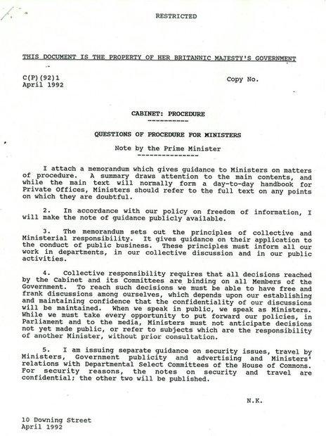 Draft document on procedures for ministers from 1992