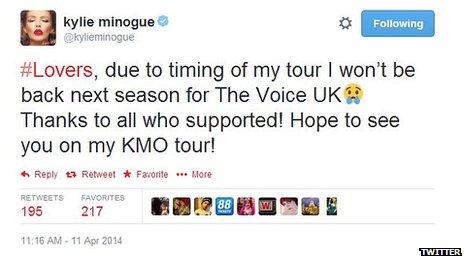 Kylie Minogue tweets that she is leaving The Voice