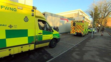 Ambulances outside University Hospital of Wales, Cardiff