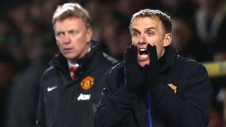 Manchester United boss David Moyes and coach Phil Neville