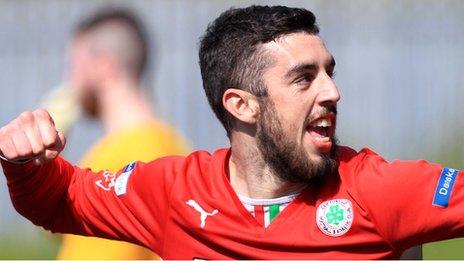 Joe Gormley celebrates after putting Cliftonville into the lead against Glenavon