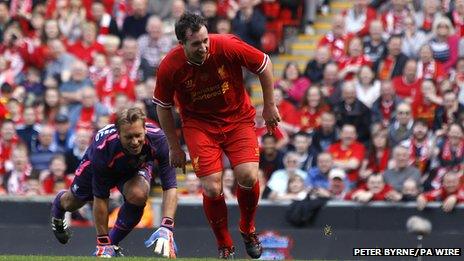 Robbie Fowler scores the first goal during the Celebration of The 96 Charity Match at Anfield, Liverpool