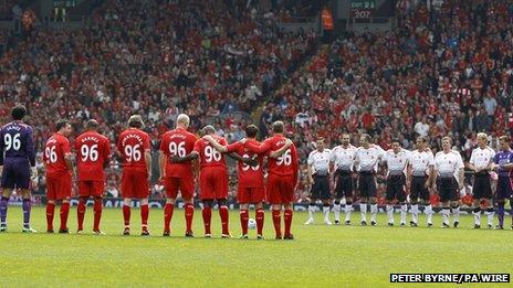 Liverpool Locals and Liverpool International Greats line up before the Celebration of The 96 Charity Match at Anfield, Liverpool