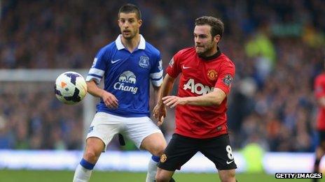 Juan Mata of Manchester United controls the ball under pressure from Kevin Mirallas of Everton