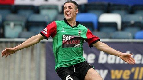 Danny McKee celebrates after scoring for Glentoran