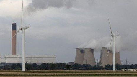 Wind turbines next to a coal power station