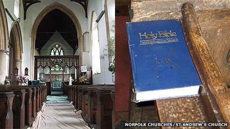 View down the aisle covered in protective sheets and bible with bat droppings