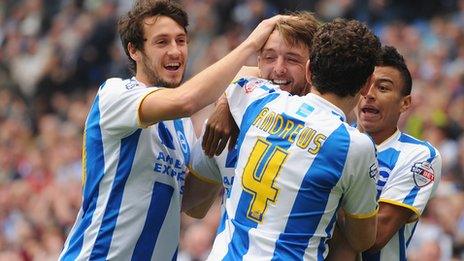 Will Buckley (l) celebrates with Dale Stephens, Keith Andrews and Jesse Lingard