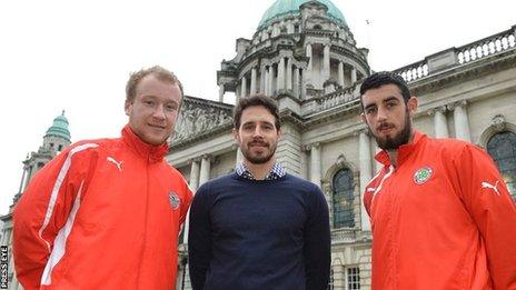 Liam Boyce, Sean Ward and Joe Gormley at Belfast City Hall