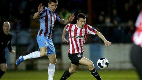 Michael Duffy scores for Derry City against UCD