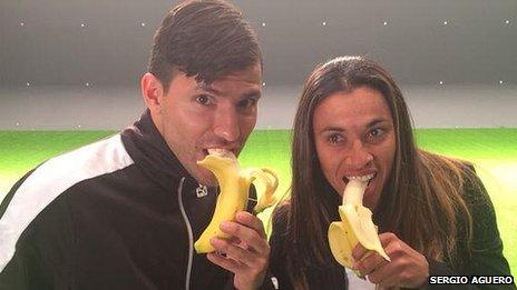 Argentine striker Sergio Aguero and Brazilian footballer Marta Vieira da Silva