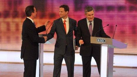 David Cameron, Nick Clegg and Gordon Brown at the end of the third leaders' debate in 2010