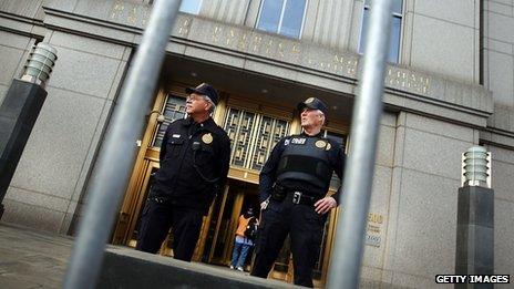 Law-enforcement officers outside the courthouse in New York