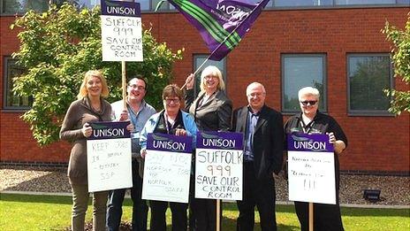 Unison members protesting at the plans for a control room merger outside Norfolk Police HQ