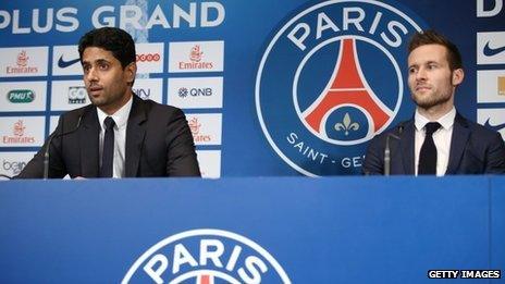 PSG's Qatari president Nasser al-Kahlaifi (L) with January signing Yohan Cabaye