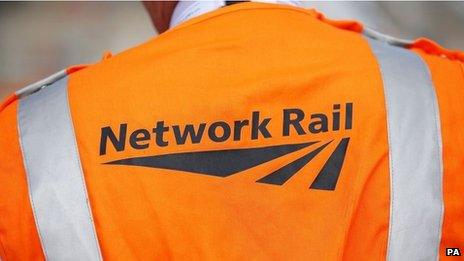 A Network Rail logo on the back of a hi-visibility jacket