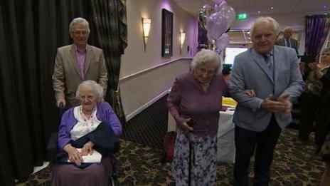 Doris and Freda Latham at their 100th birthday party