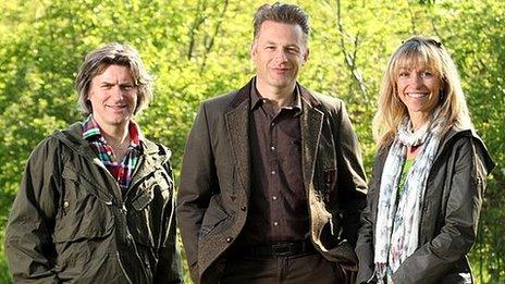 Springwatch presentation team: Martin Hughes-Games (left), Chris Packham (centre) and Michaela Strachan