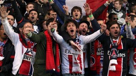 Paris Saint-Germain fans in the stands during the UEFA Champions League Quarter Final match at Stamford Bridge, London, 8 April 2014.