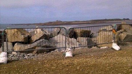 Temporary repairs to the sea wall at Vazon