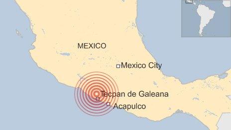 BBC map of earthquake location and Mexico City, Acapulco and Tecpan