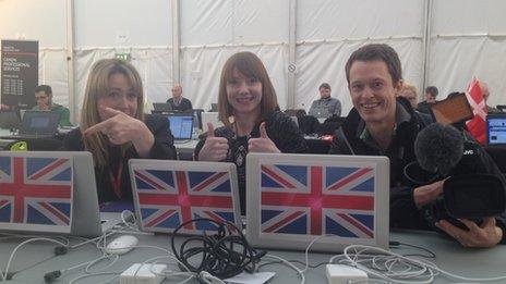 BBC Eurovision reporters Sophie van Brugen, Sarah Jane Griffiths and John Galliver